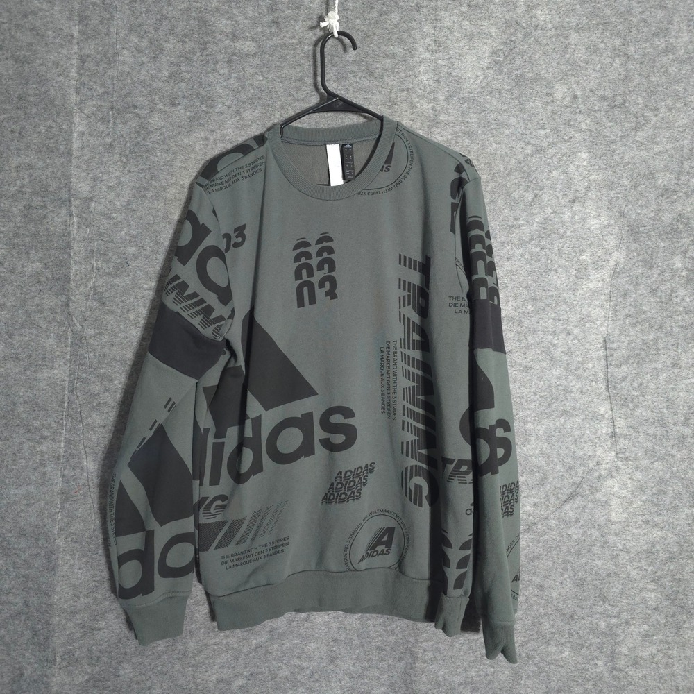 Adidas Training Sweatshirt Mens Medium Olive Green Logo Print Fleece Pullover